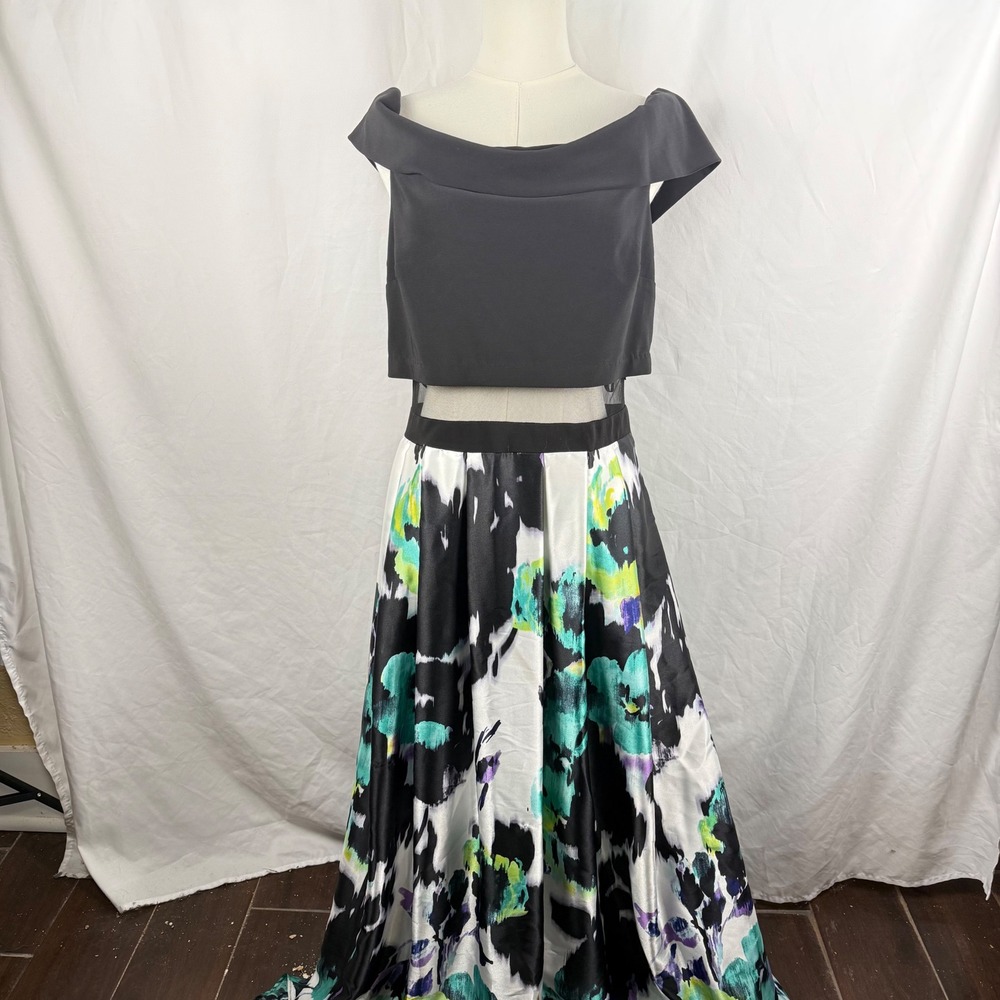 Betsy & Adam Maxi Formal Dress Crop Top Sheer Mid-Drift Full Satin Skirt Size 12